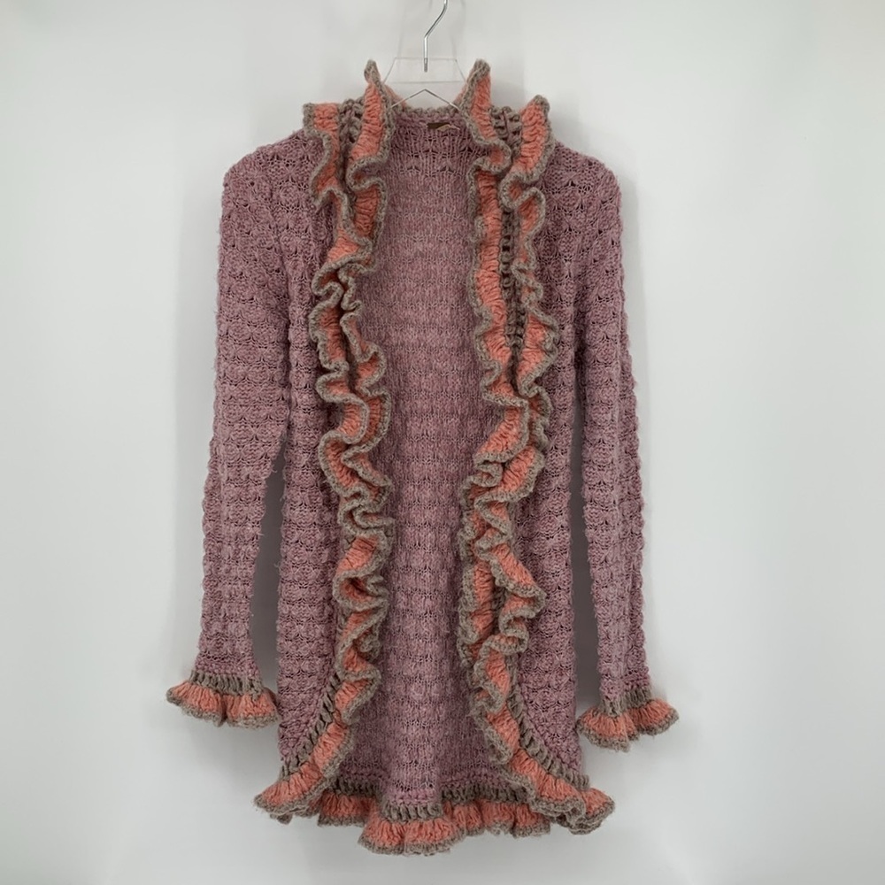Free People cardigan sweater ruffle trim crochet hip length purple pink Small